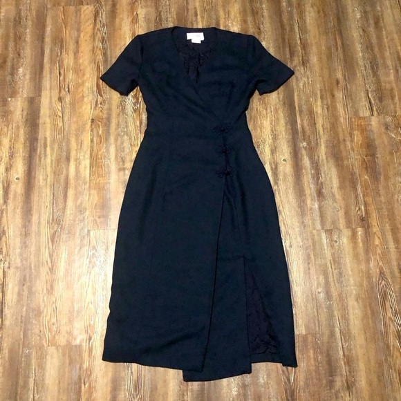 Maggie London Dress Women's 4 Faux Wrap Sheath Solid Navy Buttons - Picture 1 of 7